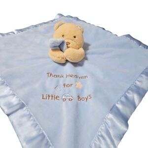 Okie Dokie Thank Heaven for Little Boys Blue Teddy Bear Satin Trim Lovey Blanket